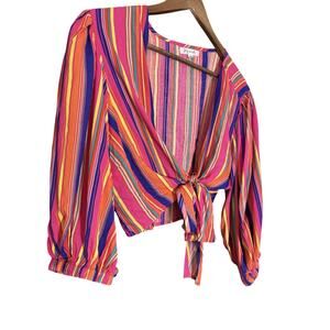 JOY & ASH Multi COLORED Tie BLOUSE Rainbow Disco Party‎ Plus 1X 70s